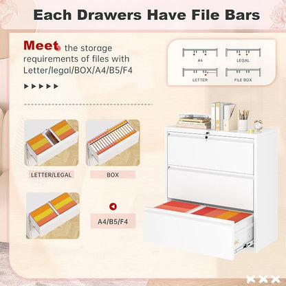 Superday Lateral File Cabinet 3 Drawer Metal File Cabinet with Lock, White Filing Cabinets for Home Office, Locking Filing Cabinets Hanging Files Letter/Legal/F4/A4