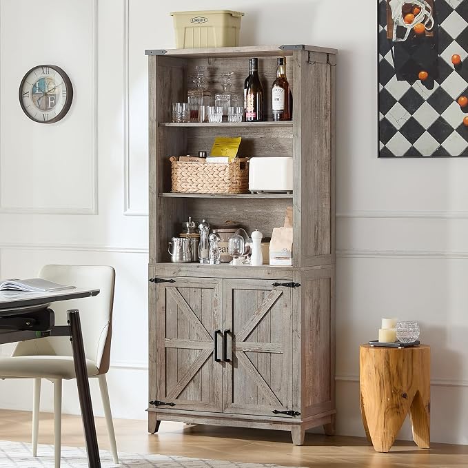 Joaxswe 70in Tall Bookshelf 5 Tier Bookcase with Barn Doors and Adjustable Shelves, Grey Farmhouse Book Shelf with Storage Cabinet, Wood Freestanding Display Bookshelves for Bedroom, Living Room