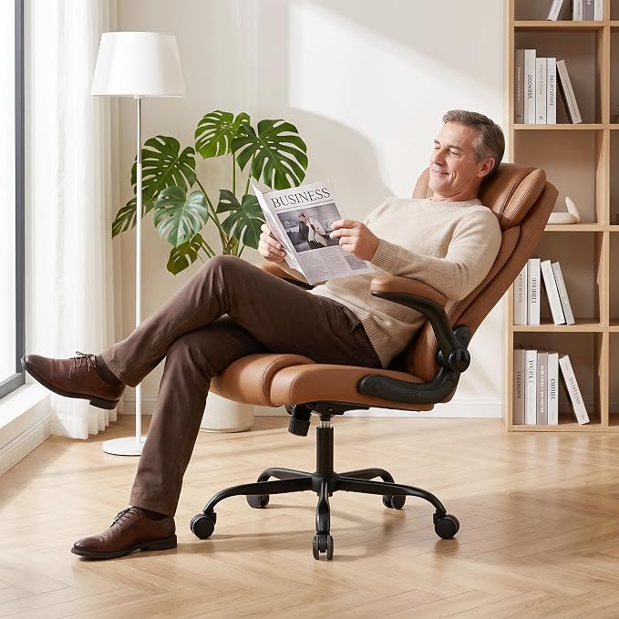 Office Desk Chair,Ergonomic Conference Room Chairs,Mid Back Executive Leather Chair,Comfy Computer Desk Chairs with Adjustable Flip-Up Arms and Rocking Function (Brown)