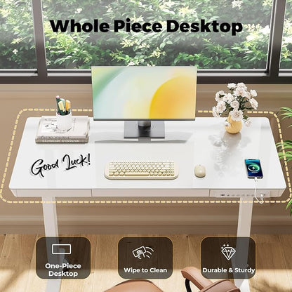 Glass Electric Standing Desk with Drawer, 40" x 20" Whole Piece Samll Sit Stand Table, Height Adjustable Desk with Storage & USB Ports, Quick Install Home Office Computer Desk, White