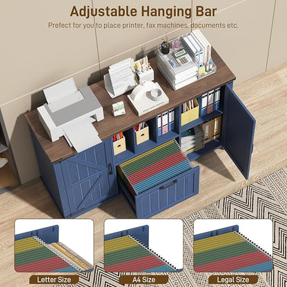 Vabches Lateral File Cabinet with File Drawer, Farmhouse Filing Cabinet with Storage Shelves for Legal/A4/Letter Size Hanging Files, Large Modern Printer Stand for Home Office (Navy Blue and Brown)