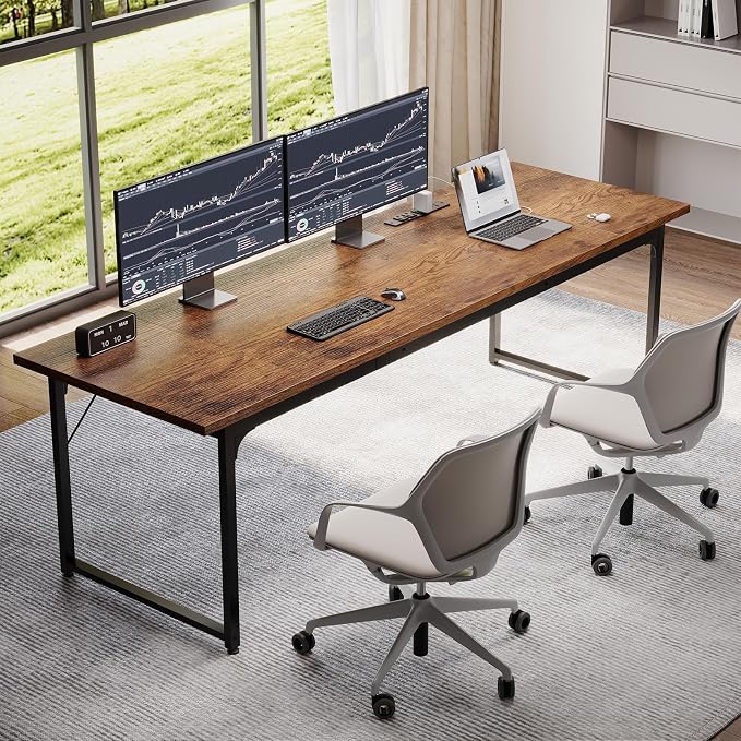 Coleshome 79 Inch Large Computer Desk with Power Outlet, Extra Long Desk for Home Office & Gaming, Spacious Writing Table for Study and Crafting, Rustic Brown