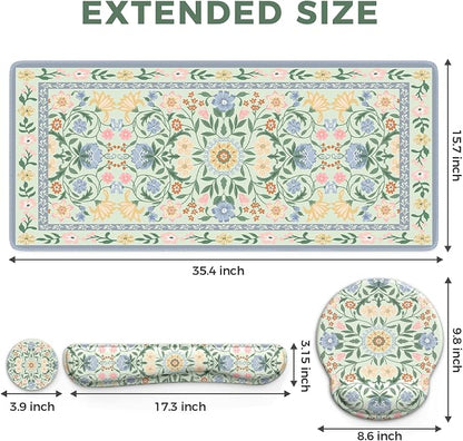 iCasso Desk Cover Mat, Gaming Mouse Pad Wrist Support Set,4in1 XXL Large Mousepad + Keyboard Wrist Rest+Mouse Wrist Rest+Coaster Set with Ergonomic Design for Home Office Table Computer(Green Flowers)