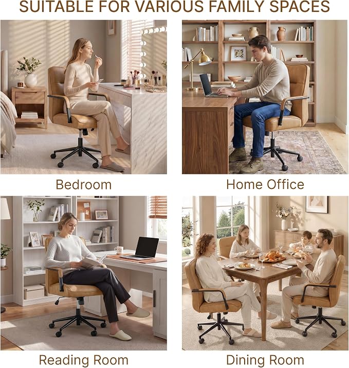 KISLOT Ergonomic Home Office Chair with Lumbar Support, Adjustable Swivel Modern Desk Chair with Wheels, Faux Leather Computer Chair with Padded Arms, Comfy Executive Office Chair, Camel Brown