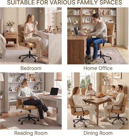 KISLOT Ergonomic Home Office Chair with Lumbar Support, Adjustable Swivel Modern Desk Chair with Wheels, Faux Leather Computer Chair with Padded Arms, Comfy Executive Office Chair, 2 PCS, Camel Brown