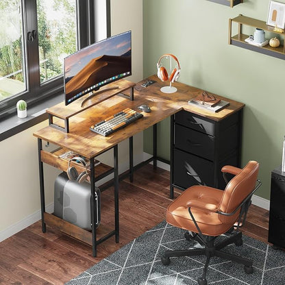 DEVAISE 48 Inch L Shaped Gaming Desk with Drawers and Storage, Corner Desk with LED Lights, Power Outlets, Computer Desk with Monitor Stand, Office Desk for Home, Rustic Brown