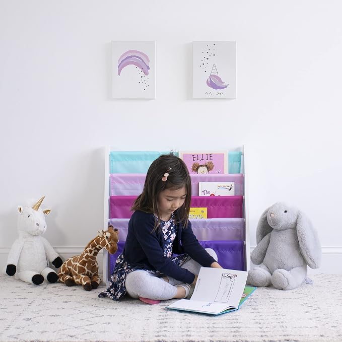 Humble Crew Kids Bookshelf, 4-Tier Front-Facing Book Display Organizer, Montessori Toddler Bookcase for Playroom, Bedroom & Reading Corner, White/Pink/Purple/Blue