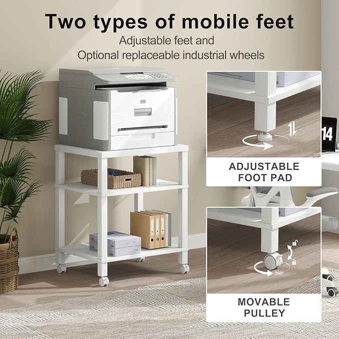 3-Tier Printer Stand with Wheels, Large Under Desk Rolling Cart for Office Storage, Heavy Duty Machine Stand with Adjustable Shelf, 22.04"x17.71"x26.54", White