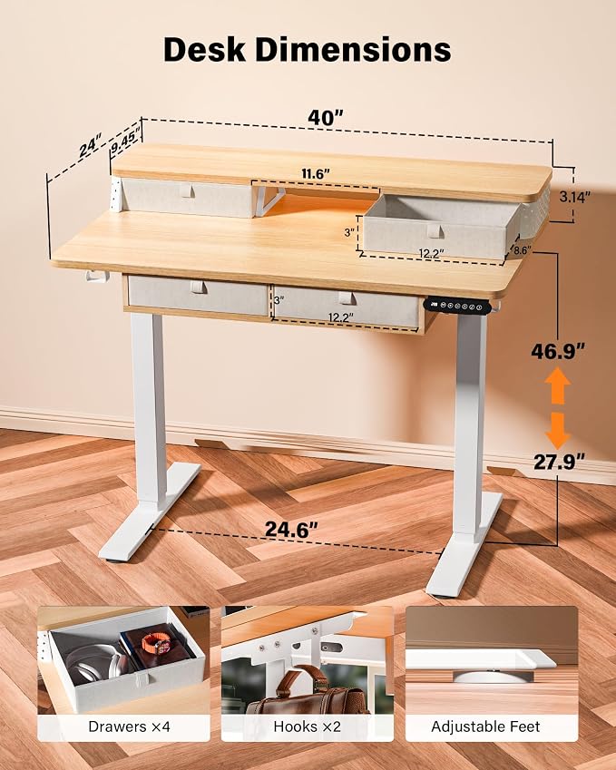 FiCiHi Electric Standing Desk with Four Drawers, 40 x 24 Inch Adjustable Height Sit Stand Desk, C-Clamp Compatible Home Office Desk with Storage Shelf & Monitor Stand Riser, Maple