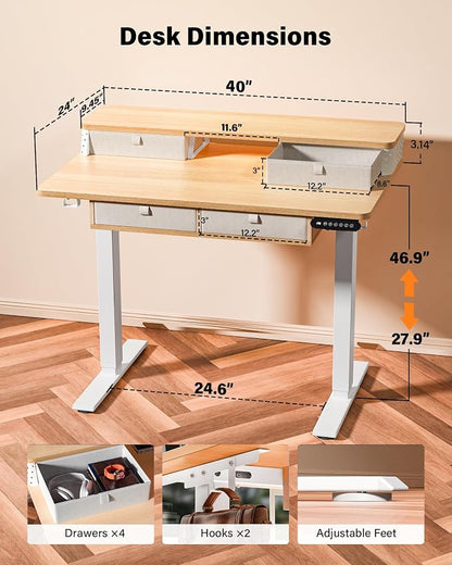 FiCiHi Electric Standing Desk with Four Drawers, 40 x 24 Inch Adjustable Height Sit Stand Desk, C-Clamp Compatible Home Office Desk with Storage Shelf & Monitor Stand Riser, Maple