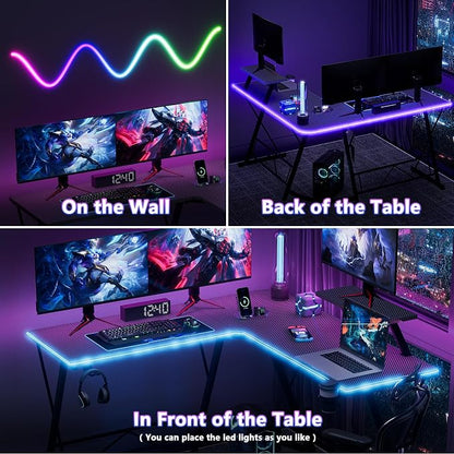 Mr IRONSTONE Gaming Desk with LED Lights, L Shaped Desk Corner with Cup Holder & Headphone Hook, Computer Desk Home Office Desks with Large Monitor Stand, Carbon Fiber Surface, Black 51 Inch