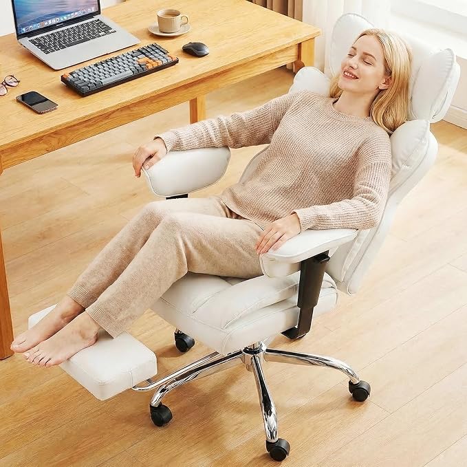 DUMOS Big and Tall Home Office Desk Chair, Ergonomic Executive Chair with Footrest, Computer Gaming Chairs with High Back Reclining, Adjustable Armrests and Comfy Lumbar Support, PU Leather, White