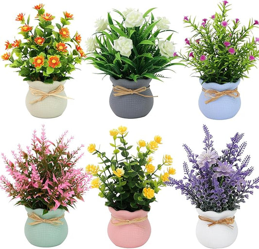 Yoratee 6PCS Artificial Flowers Pot Small Fake Plants with Mini Potted Plants for Home Office Tabletop Centerpiece Decoration