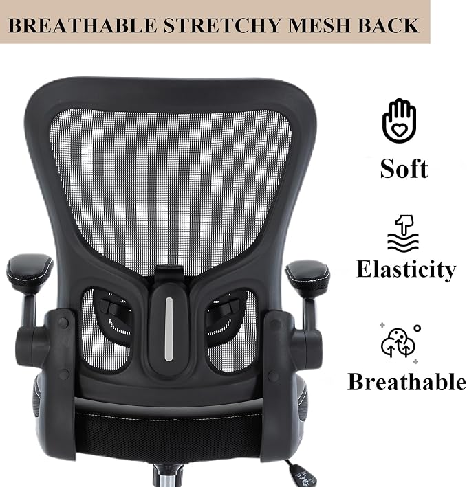Office Chair, Mesh Ergonomic Desk Computer Chair with PU Leather Flip-up Armrest, Home Task Chair with Lumbar Support, Adjustable Executive Mid Back, Rolling Swivel,Black