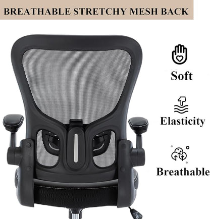 Office Chair, Mesh Ergonomic Desk Computer Chair with PU Leather Flip-up Armrest, Home Task Chair with Lumbar Support, Adjustable Executive Mid Back, Rolling Swivel,Black