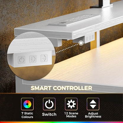 Huuger Gaming Desk with 6 Drawers, Computer Desk with LED Lights Power Outlets and Type-C, 47 Inch Office Table with Storage, Monitor Stand, Writing & Work Home Office, Bedroom, Study, White