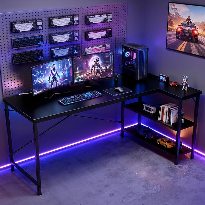 DUMOS L Shaped Desk 55 Inch Computer Desk Gaming Furniture Corner Desks Home Office PC Table with Reversible Storage Shelves for Writing Working Study Bedroom Dorm, Black