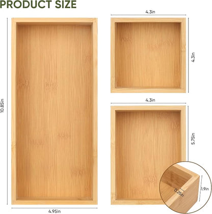 Vincona Bamboo Drawer Organizers Set, 3PCS Multi-Use Wood Storage Organizers, Desk Drawer Tray for Kitchen, Bathroom, Office, Dresser, Bamboo Box Bin for Jewelry, Makeup, Junk, Gadgets