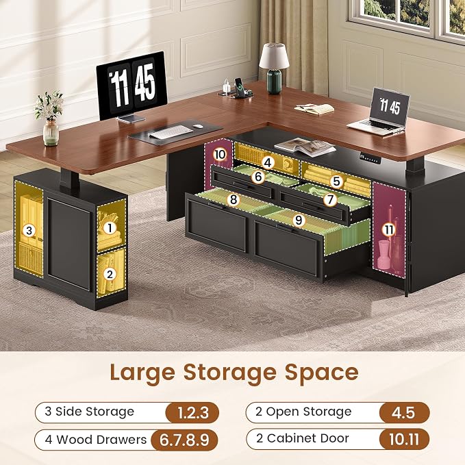 SEDETA Farmhouse L Shaped Electric Standing Desk, 69" x 55" Height Adjustable Office Executive Desk with 4 Drawers and Storage Shelves, Sit Stand Computer Desk with Power Outlet, Black and Brown