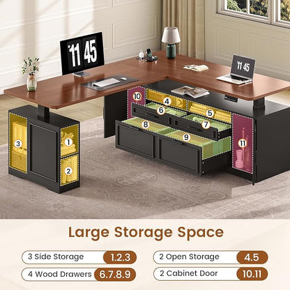 SEDETA Farmhouse L Shaped Electric Standing Desk, 69" x 55" Height Adjustable Office Executive Desk with 4 Drawers and Storage Shelves, Sit Stand Computer Desk with Power Outlet, Black and Brown