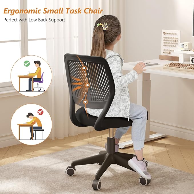 Armless Desk Chair Swivel Office Rolling Chair with Soft Padded Cushion, Height Adjustable Small Task Chair, Ergonomic Study Computer Chair for Kids Girls Boys Teens (Black, 4PCS)