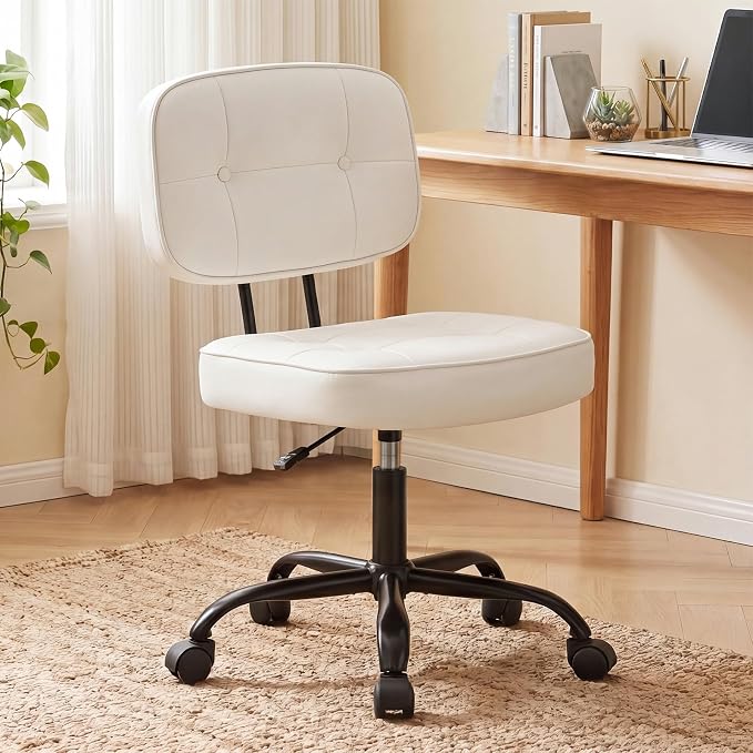 DUMOS Home Office Desk Chair - Ergonomic Armless PU Leather Computer Rolling Task Chair with Comfy Lumbar Support and Height Adjustable, Vanity, Bedroom, Living Room, Ivory White