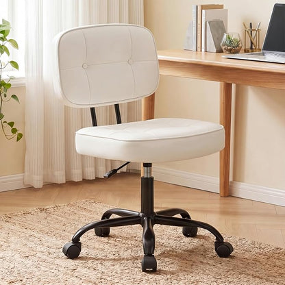 DUMOS Home Office Desk Chair - Ergonomic Armless PU Leather Computer Rolling Task Chair with Comfy Lumbar Support and Height Adjustable, Vanity, Bedroom, Living Room, Ivory White