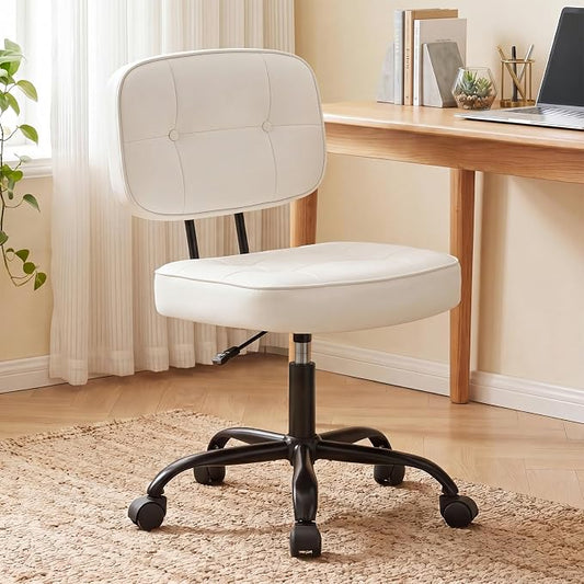 DUMOS Home Office Desk Chair - Ergonomic Armless PU Leather Computer Rolling Task Chair with Comfy Lumbar Support and Height Adjustable, Vanity, Bedroom, Living Room, Ivory White