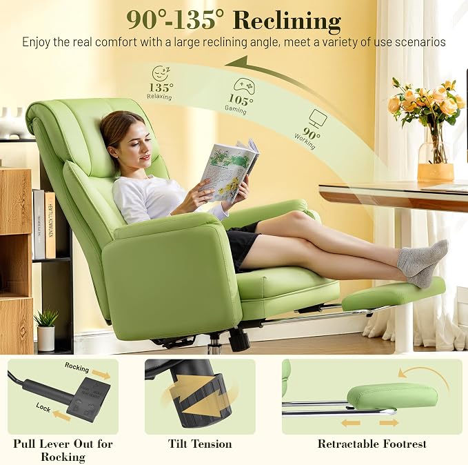 Big and Tall Office Chair, 400LBS Wide Leather Gaming Chair with Footrest, High Back Executive Chair, Reversible Armrest for Pets, 135° Reclining Cross Legged Chair with Lumbar Support(Avocado Green)