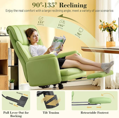 Big and Tall Office Chair, 400LBS Wide Leather Gaming Chair with Footrest, High Back Executive Chair, Reversible Armrest for Pets, 135° Reclining Cross Legged Chair with Lumbar Support(Avocado Green)