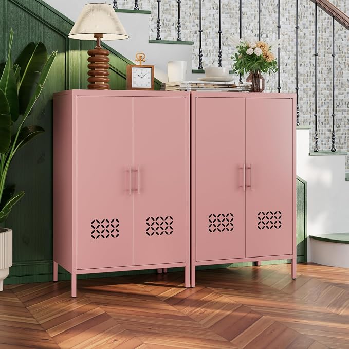 42" H Pink Metal Cabinet with 2 Adjustable Shelves, Metal Coffee Bar & Buffet Sideboard Cabinet with 2 Doors for Home,Dining Room, Kitchen,Assembly Required
