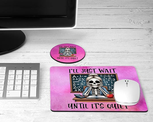 Personalized Teacher Mousepad and Coaster Desk Set Gift for Teachers Appreciation Back to School Classroom Decor Custom Handmade by The Painted Pug (Wait Until Quiet)