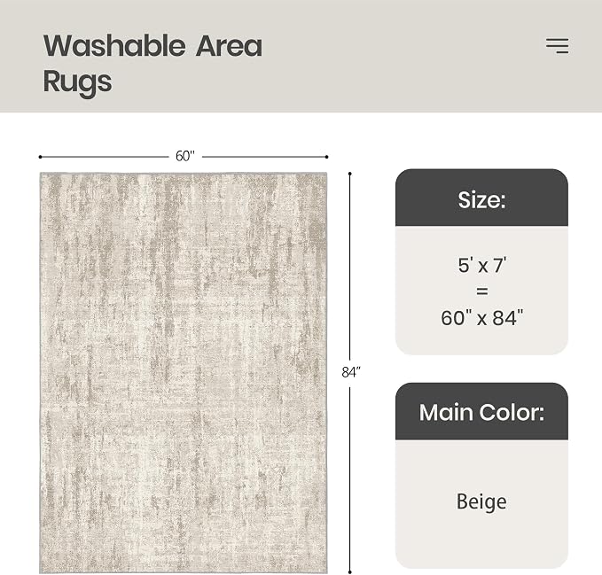 Valenrug Washable Rug 5x7 - Stain Resistant 5x7 Area Rugs for Living Room, Non Slip Backing Printed Rugs for Bedroom, Folable Machine Washable Area Rug(Beige,5'x7')