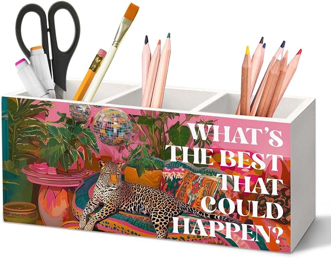 Leopard Disco Pen Holder for Desk, Pink Preppy Coquette Cheetah Pencil Organizer, Maximalist What's The Best That Could Happen Wooden Pen Holder Desk Accessories Decor for Girls Room Dorm