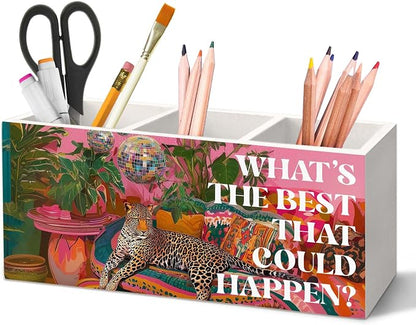 Leopard Disco Pen Holder for Desk, Pink Preppy Coquette Cheetah Pencil Organizer, Maximalist What's The Best That Could Happen Wooden Pen Holder Desk Accessories Decor for Girls Room Dorm