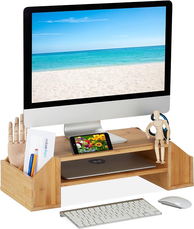 Relaxdays Bamboo Monitor Stand, Natural, 16 x 57.5 x 25 cm