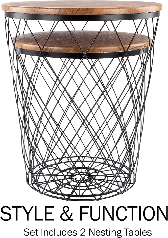End Tables Set of 2 - Nesting Tables with Removable Wood Tops and Metal Basket Bases for Blanket Storage - Round Side Furniture for Living Room, Bedroom, or Home Office by Lavish Home (Brown)