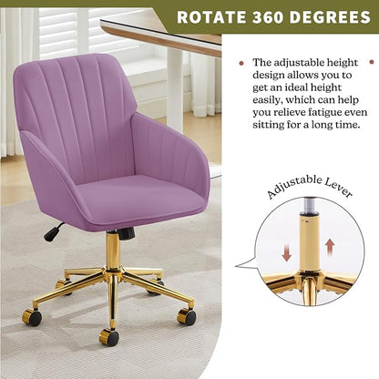Velvet Home Office Desk Chair, Modern Cute Computer Task Chair with Back, Height Adjustable Upholstered Vanity Chair with Swivel Wheels for Women, Girls (Gold Base, Light Purple