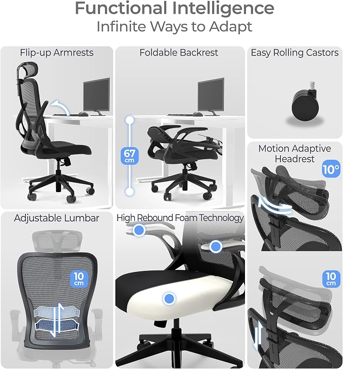 Tervo Model U | Folding Office Chair for Small Spaces | Gaming Chair for Adults & Kids | Ergonomic Mesh Computer Chair for Bedroom | Foldable Desk Chair for Home Work (Midnight Black Headrest)