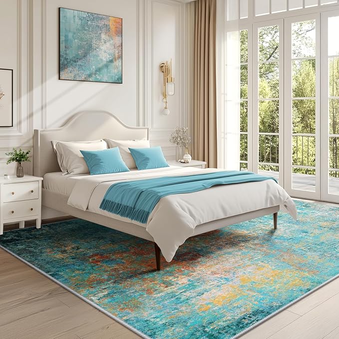 RELEANY Washable Area Rugs 10'x14 Non-Slip Modern Abstract Soft for Living Room Entryway Bedroom Kitchen, Print Pattern, Teal Blue Green Orange Rust Red Coloreful