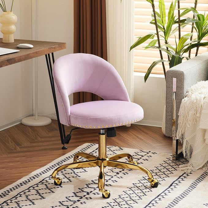 VINGLI Modern Velvet Small Office Chair,Cute Desk Chair With Wheels,Gold Base/Studs,Comfy Armless Swivel Vanity Task Chair For Women/Girl/Kids,Nail Tech Chair For Office,Small Space,Mauve Light Purple