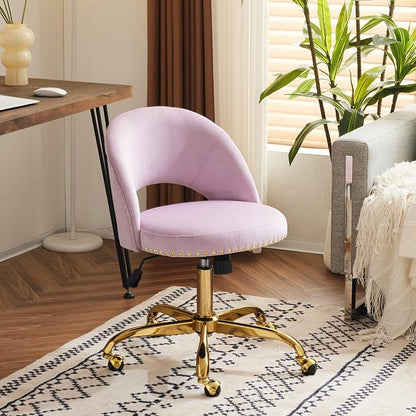 VINGLI Modern Velvet Small Office Chair,Cute Desk Chair With Wheels,Gold Base/Studs,Comfy Armless Swivel Vanity Task Chair For Women/Girl/Kids,Nail Tech Chair For Office,Small Space,Mauve Light Purple