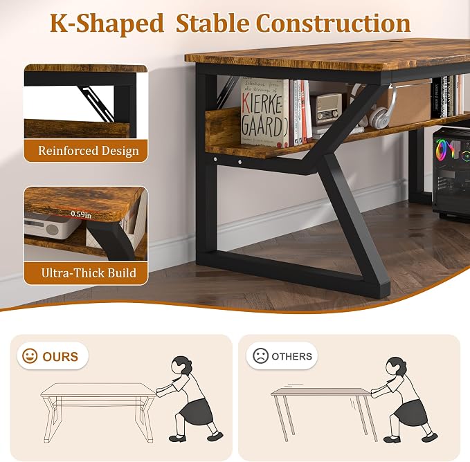 55 inch Computer Desk with Storage Shelf, K-Shaped Office Desk with Sturdy Metal Frame, Writing Gaming Work Desk with Waterproof Surface for Home Office & Bedroom, Rustic Brown