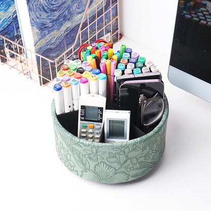 Remote Control Holder, 360°Spinning PU Leather Desk TV Remote Caddy,Desk Storage Box Room Accessories for Controller, Media,Mail,Calculator, Mobile Phone,Pencil(1-Carved Green2)