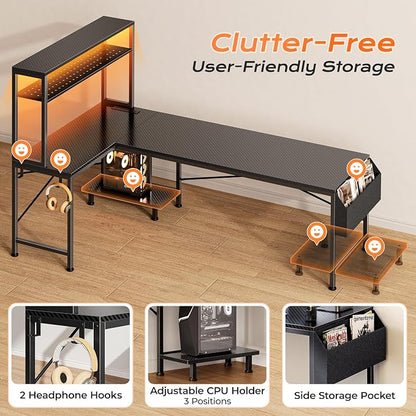PRAISUN L Shaped Gaming Desk with LED Lights & Power Outlets, Reversible Computer Desk with Storage Shelves & Bag, Large Corner Home Office Desk with Pegboard for Work from Home, Carbon Fiber Black