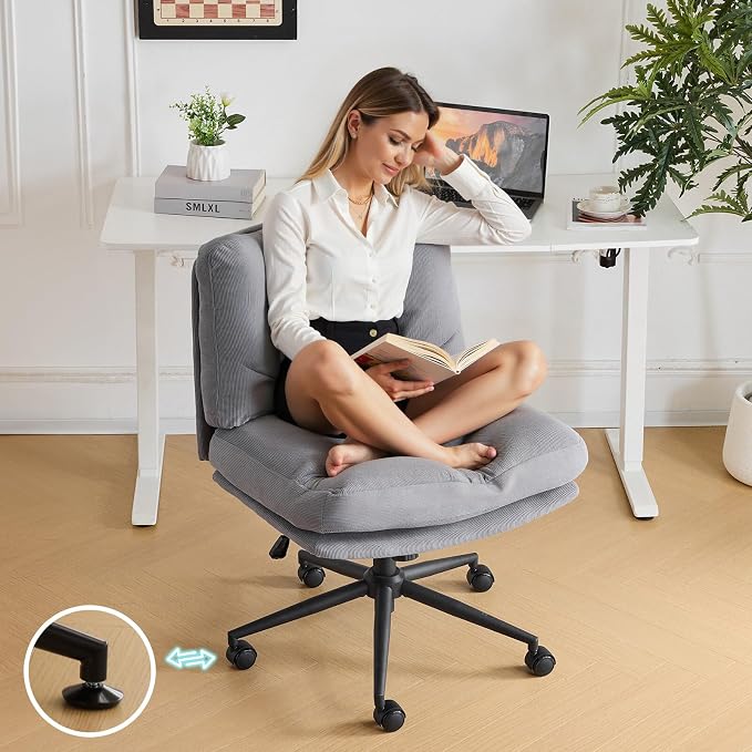 VINGLI Criss Cross Cloud Seat,Comfy Corduroy Cross Legged Office Desk Chair with/no Wheels,Cute Vanity Stool, Adjustable Wide Seat,Modern Swivel Perch for Study, Make Up, Home Office，Grey