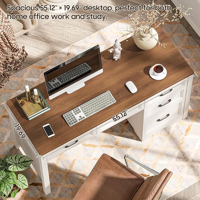 Vabches 55 Inch Farmhouse Desk with 5 Drawers, Large Home Office Computer Desk with Adjustable File Drawer, Executive Workstation with Storage for Study Writing Work, White
