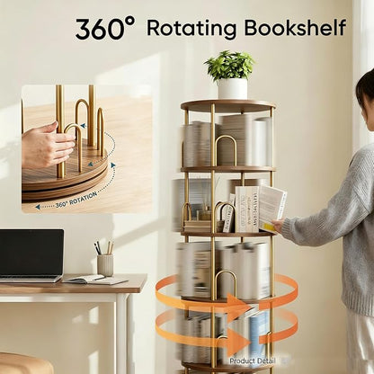 5-Tier Rotating Bookshelf, 360° Round Spinning Book Shelf Tower, Tall Skinny Wood & Metal Bookshelf for Corner/Office/Home, Modern Industrial Vintage Style