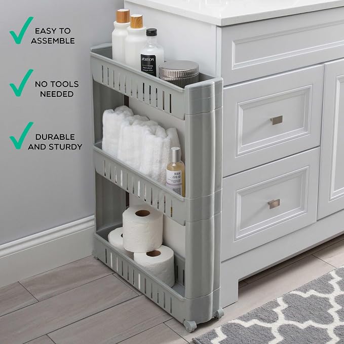 Simplify 3 Tier Slim Slide Out Storage Cart | Multi-Purpose Organization | Rolling | Wheels | Small Space | Laundry Room | Kitchen | Bathroom | Office | Grey