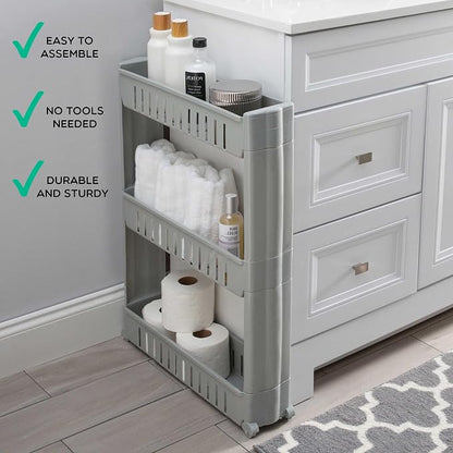 Simplify 3 Tier Slim Slide Out Storage Cart | Multi-Purpose Organization | Rolling | Wheels | Small Space | Laundry Room | Kitchen | Bathroom | Office | Grey